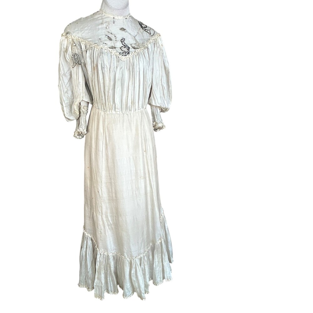 Antique Victorian Ivory Dress Mesh Lace Sequins Distressed Damaged As Is - Picture 3 of 16